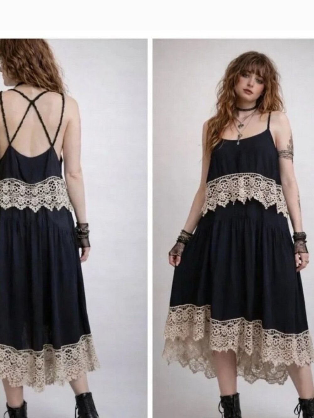 Free People Black Tan Crochet Midi Slip Dress